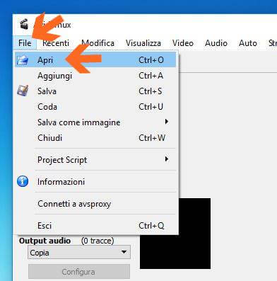 Amplificare l'audio con AVIDEMUX, schermata File e Apri