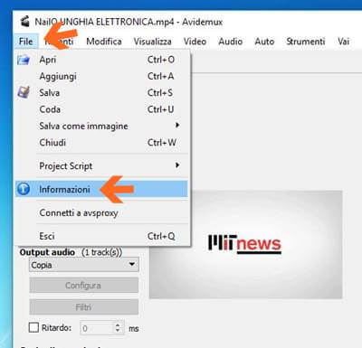 Amplificare l'audio con AVIDEMUX, schermata chiedi Informazioni Filmato