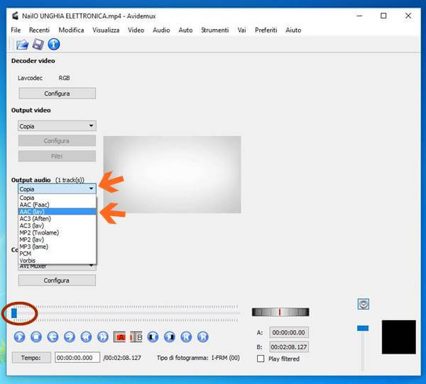 Amplificare l'audio con AVIDEMUX, schermata selezione CODEC nuova traccia Audio