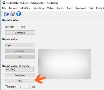 Amplificare l'audio con AVIDEMUX, schermata richiedi Imposta Filtri Audio