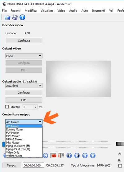 Amplificare l'audio con AVIDEMUX, schermata selezione formato del nuovo video amplificato